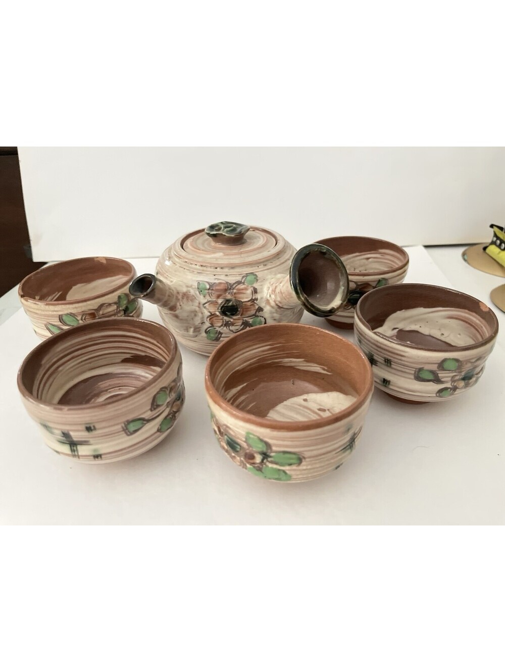 Antique Vintage Japanese Karatsu Ware Pottery Set Teapot Side Handle & 5 Cups